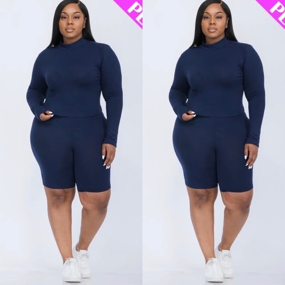 PLUS SIZE BLUE NAVY LONG SLEEVE MOCK NECK SHIRT BIKER SHORT SET - Picture 1 of 3
